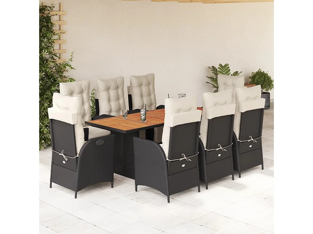 Set da Pranzo da Giardino 9 pz con Cuscini Nero in Polyrattan