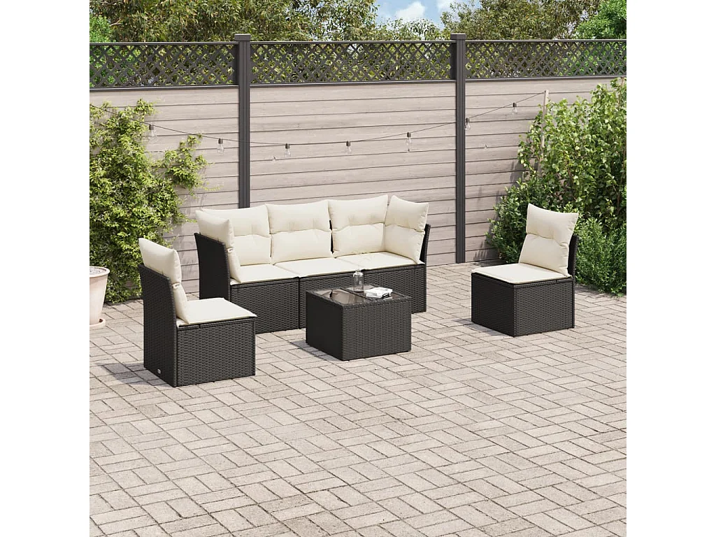 Set Divano da Giardino 6 pz con Cuscini Nero in Polyrattan