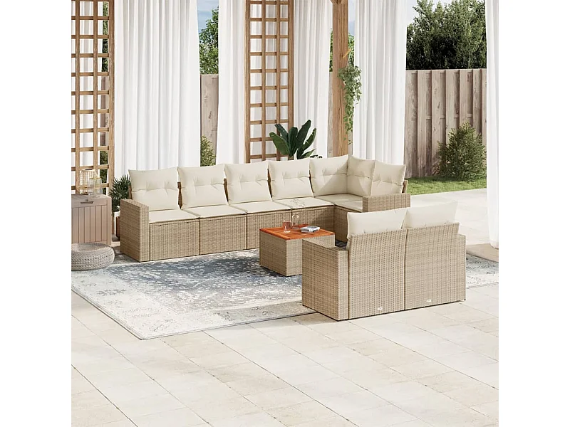 Salon de jardin avec coussins 9 pcs beige résine tressée