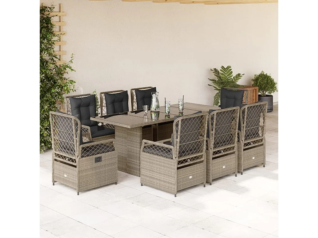 9-tlg. Garten-Essgruppe mit Kissen Hellgrau Poly Rattan
