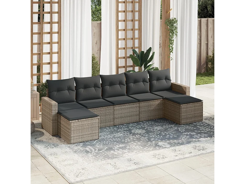 7-tlg. Garten-Sofagarnitur mit Kissen Grau Poly Rattan
