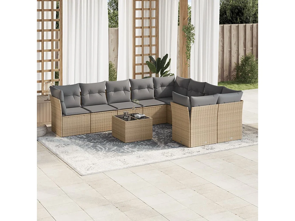 Salon de jardin avec coussins 10 pcs beige résine tressée