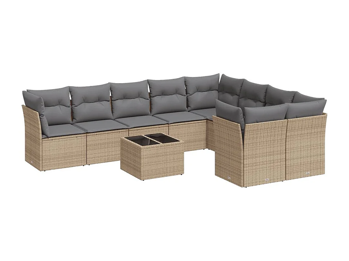 Salon de jardin avec coussins 10 pcs beige résine tressée