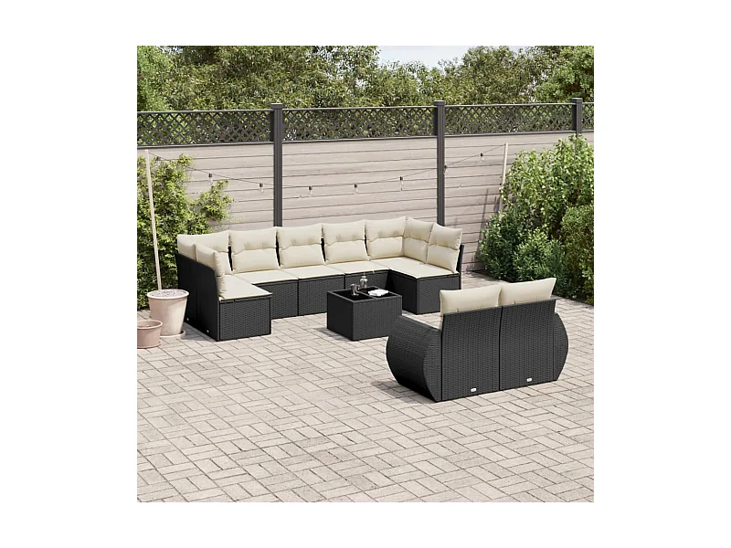 Salon de jardin 10 pcs avec coussins noir résine tressée