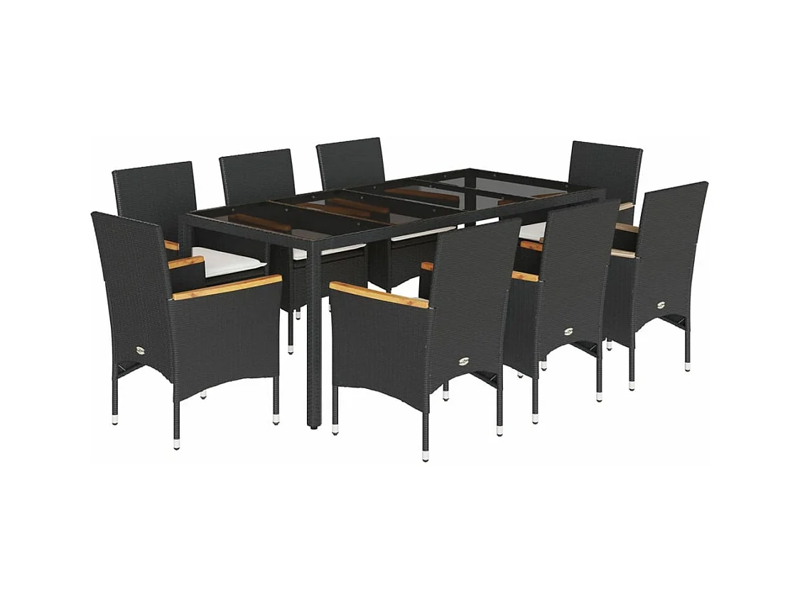 Ensemble à manger de jardin et coussins 9 pcs noir rotin verre