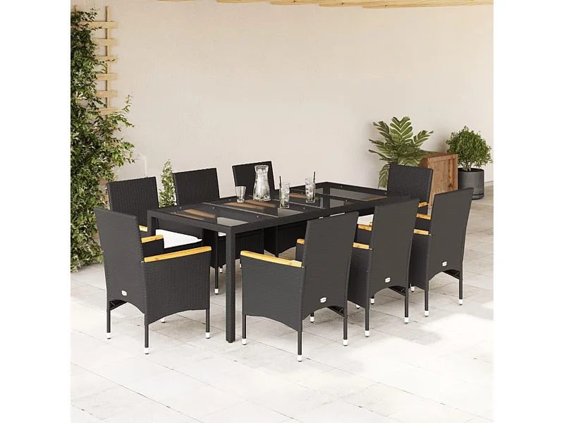 Ensemble à manger de jardin et coussins 9 pcs noir rotin verre