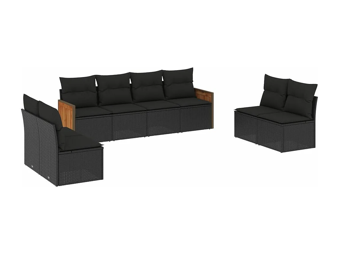 8-delige Loungeset met kussens poly rattan zwart