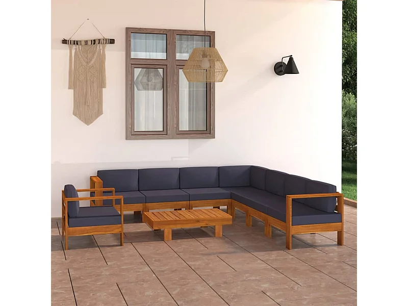 Muebles de jardín 9 pzas con cojines  gris oscuro madera acacia