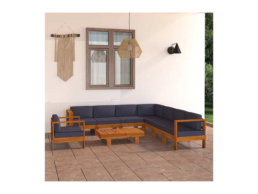 Salon de jardin 9 pcs avec coussins gris foncé Bois d'acacia