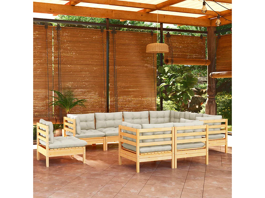 9 pcs conjunto lounge jardim c/ almofadões creme pinho maciço