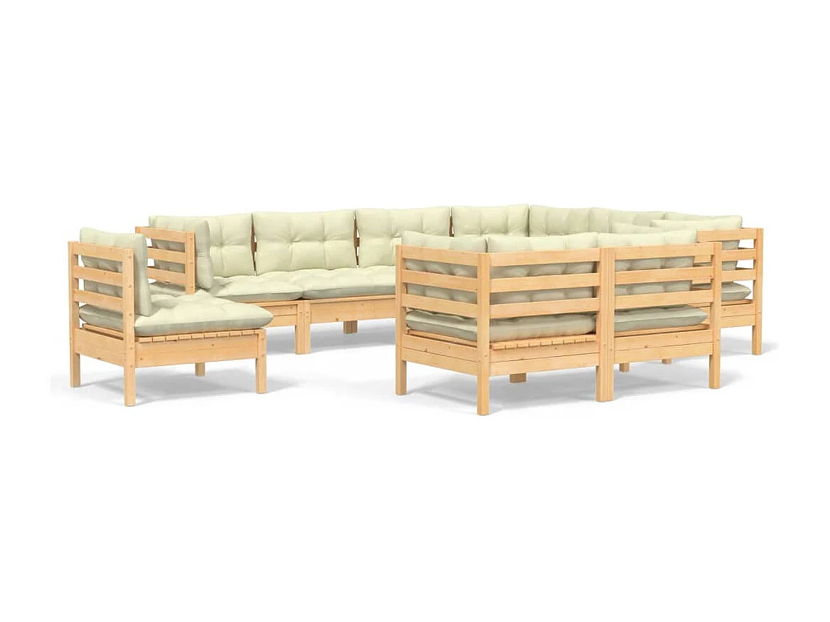 9 pcs conjunto lounge jardim c/ almofadões creme pinho maciço