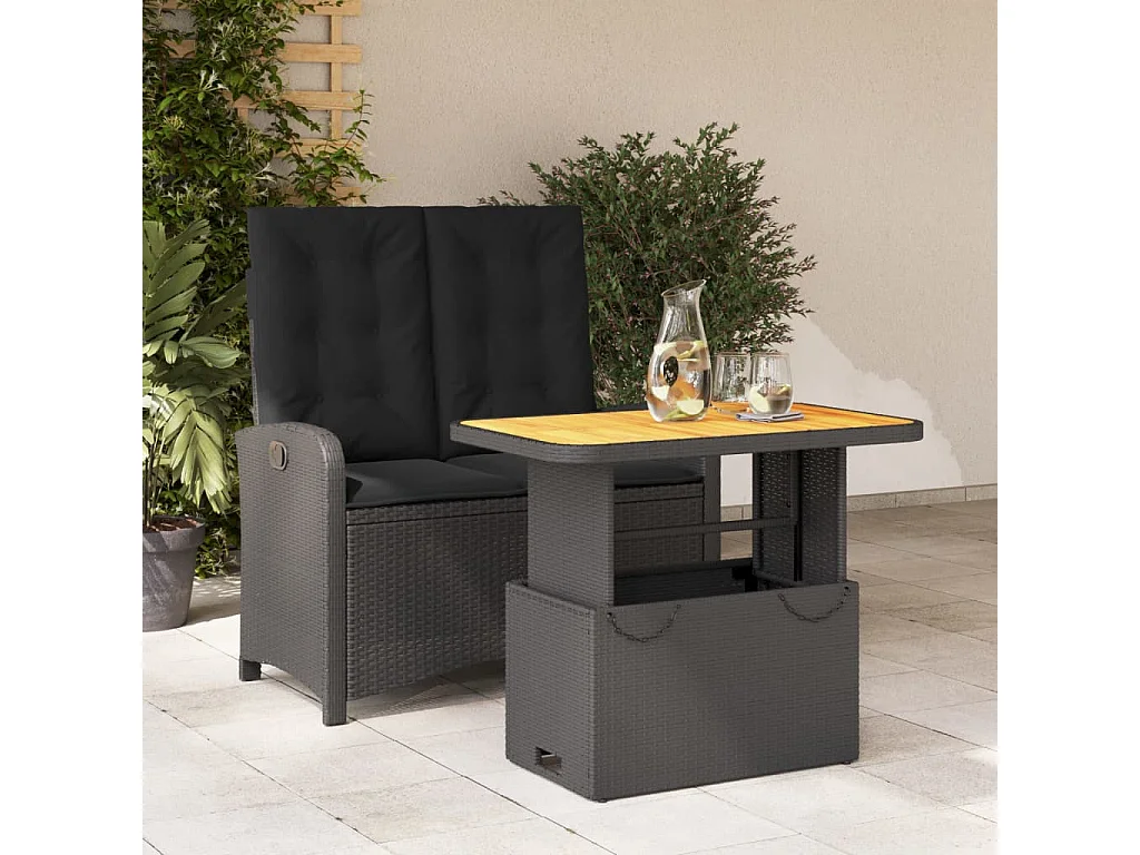2-tlg. Garten-Essgruppe mit Kissen Schwarz Poly Rattan