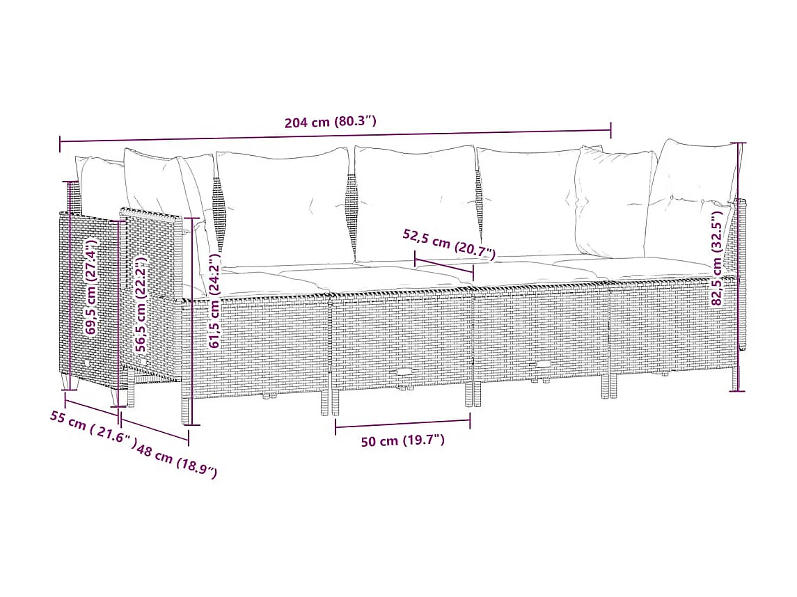 5 pcs conjunto sofás de jardim c/ almofadões vime PE cinzento