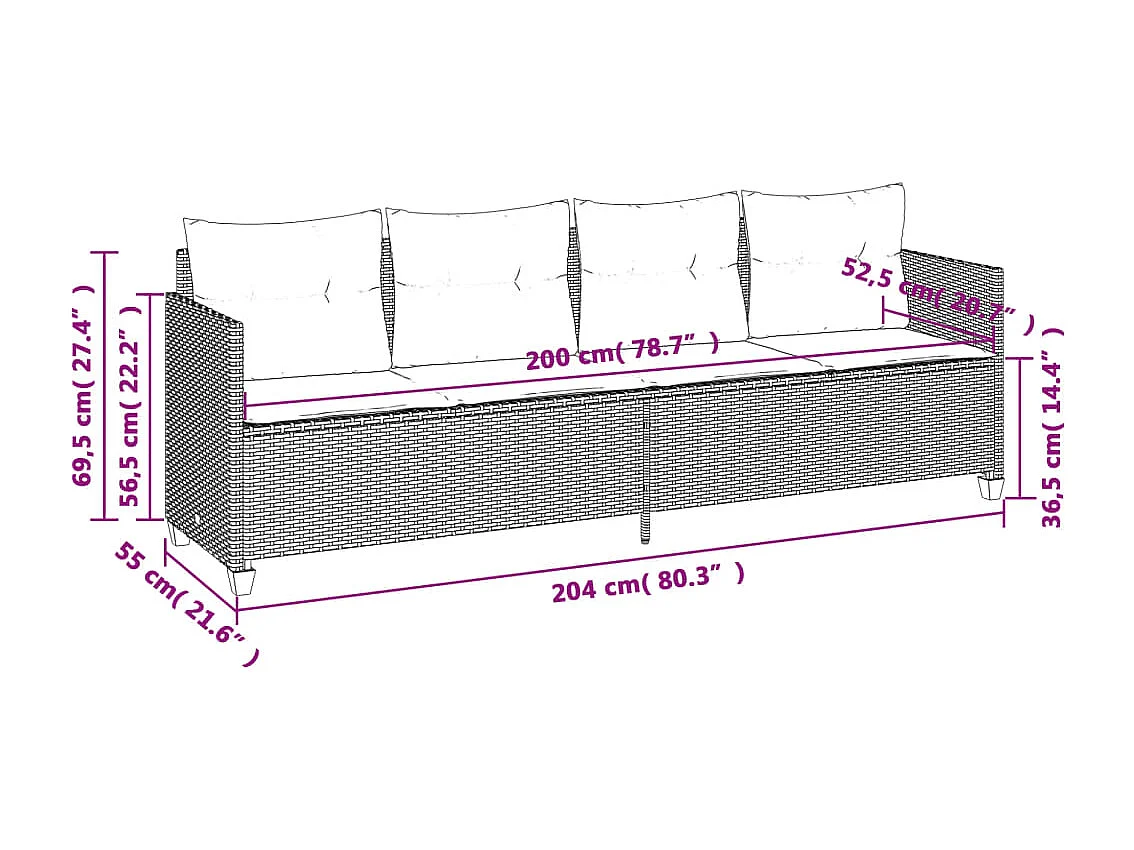 5 pcs conjunto sofás de jardim c/ almofadões vime PE cinzento