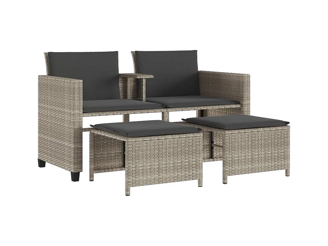 Canapé de jardin 2 places avec table tabourets gris clair rotin