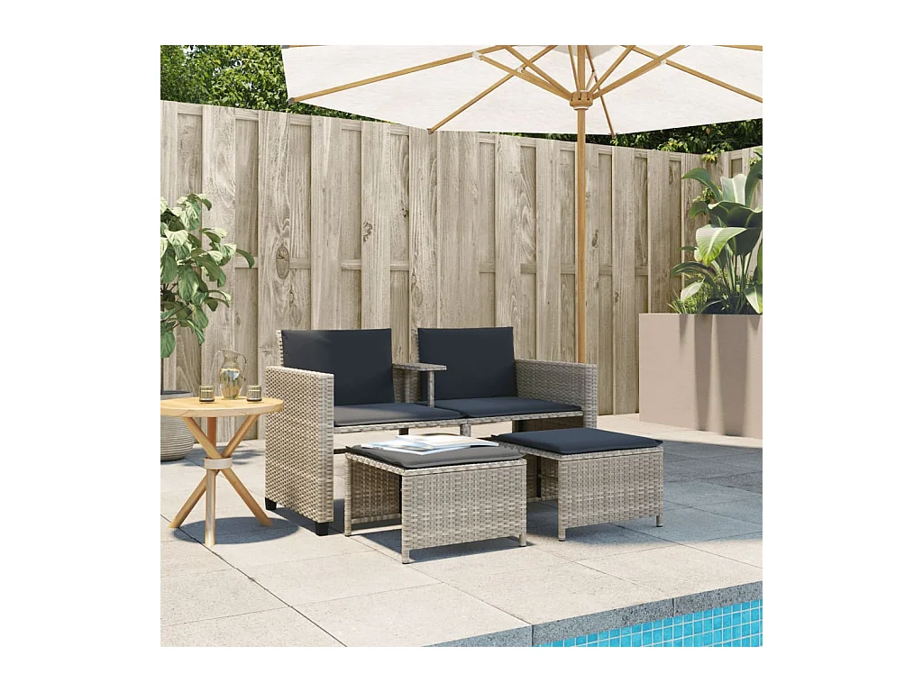 Canapé de jardin 2 places avec table tabourets gris clair rotin