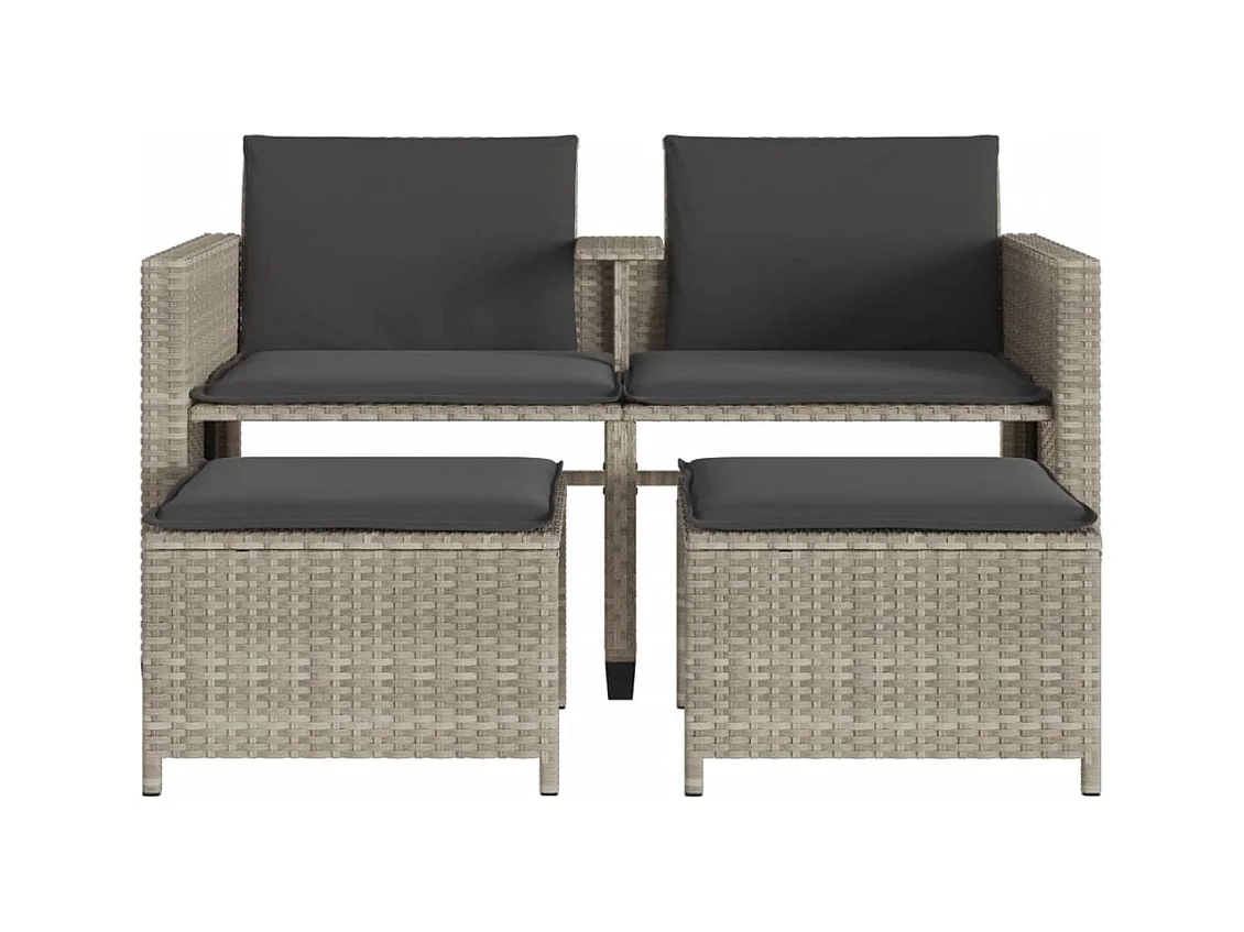 Canapé de jardin 2 places avec table tabourets gris clair rotin