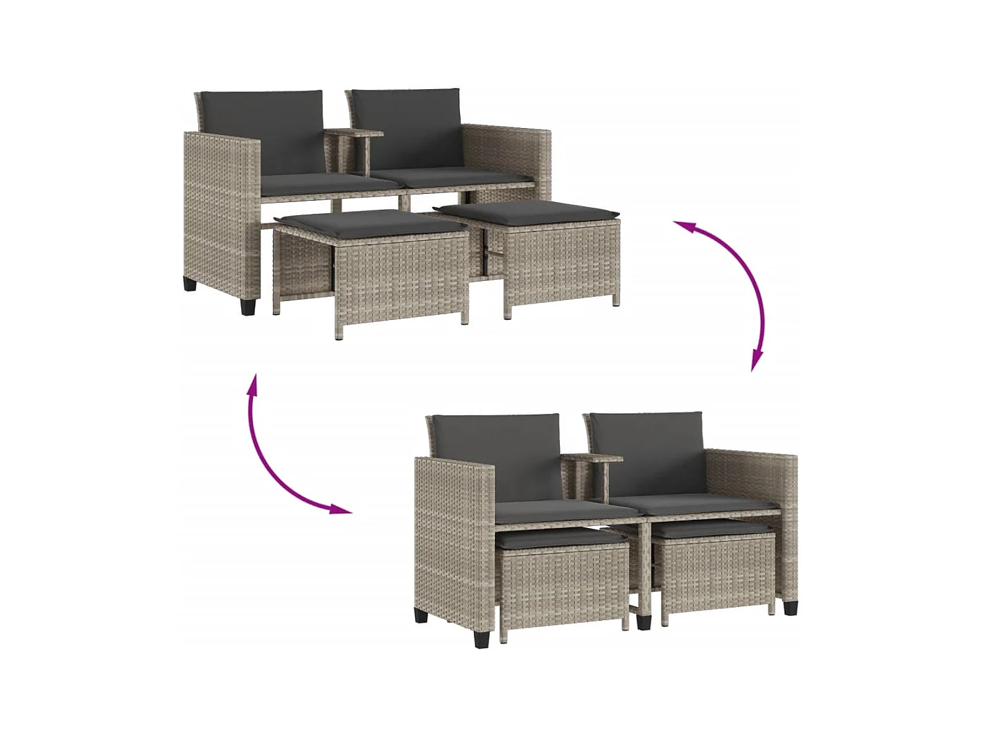 Canapé de jardin 2 places avec table tabourets gris clair rotin