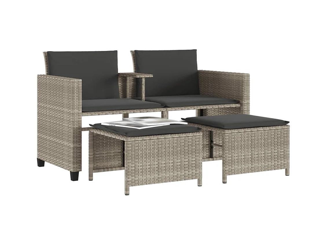 Canapé de jardin 2 places avec table tabourets gris clair rotin