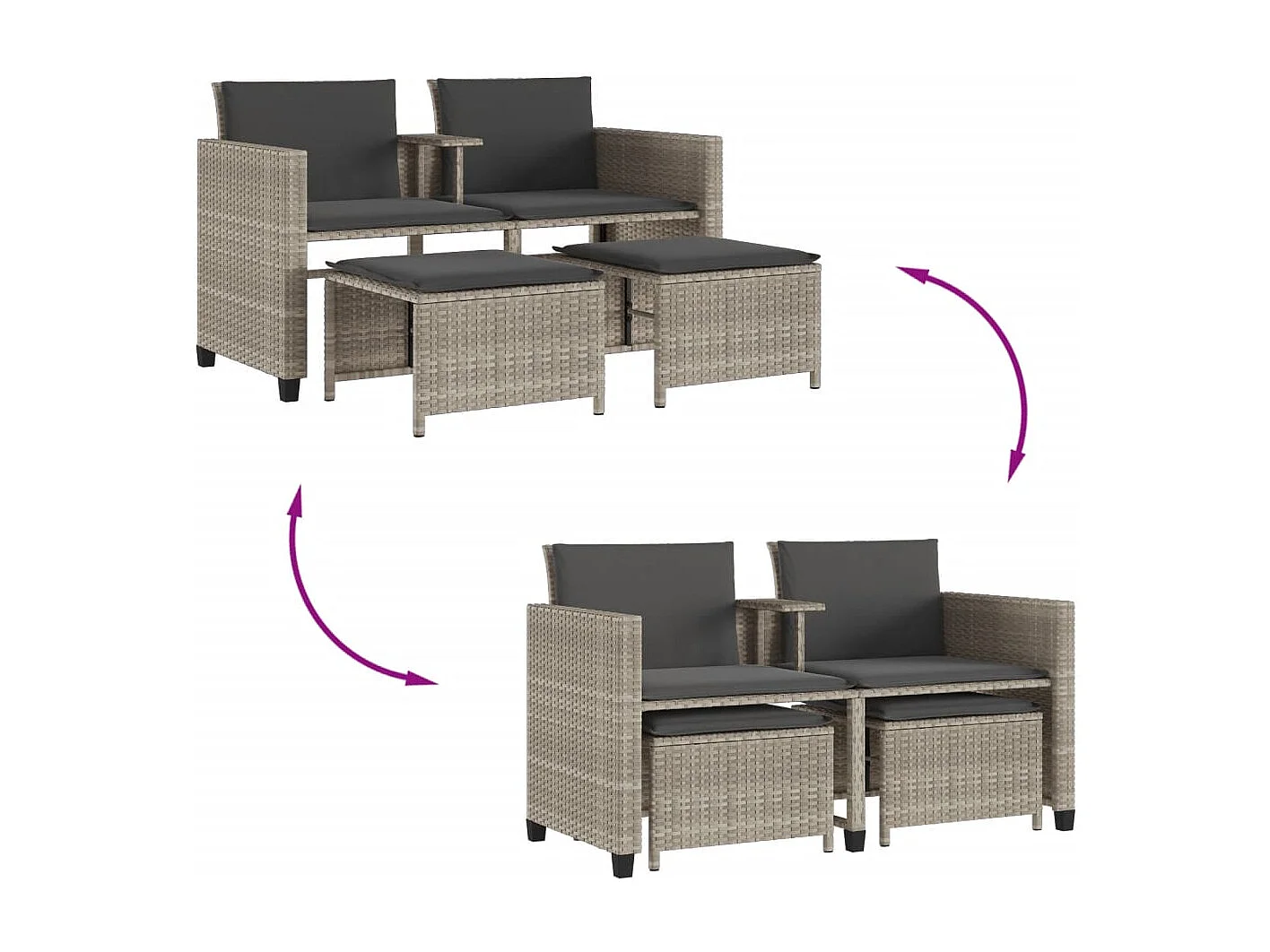 Divano Giardino 2Posti Tavolo Sgabelli Grigio Chiaro Polyrattan