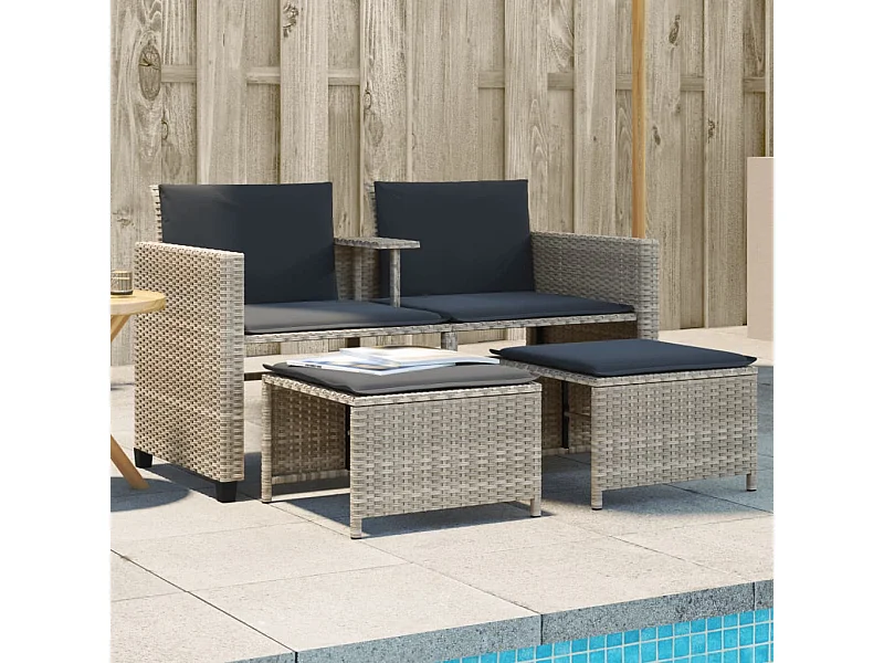 Tuinbank 2-zits tafel en voetenbanken poly rattan lichtgrijs