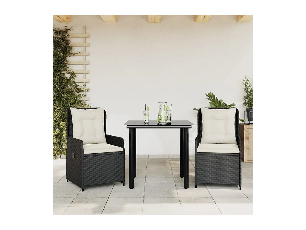 Set da Pranzo da Giardino 3 pz con Cuscini Nero in Polyrattan