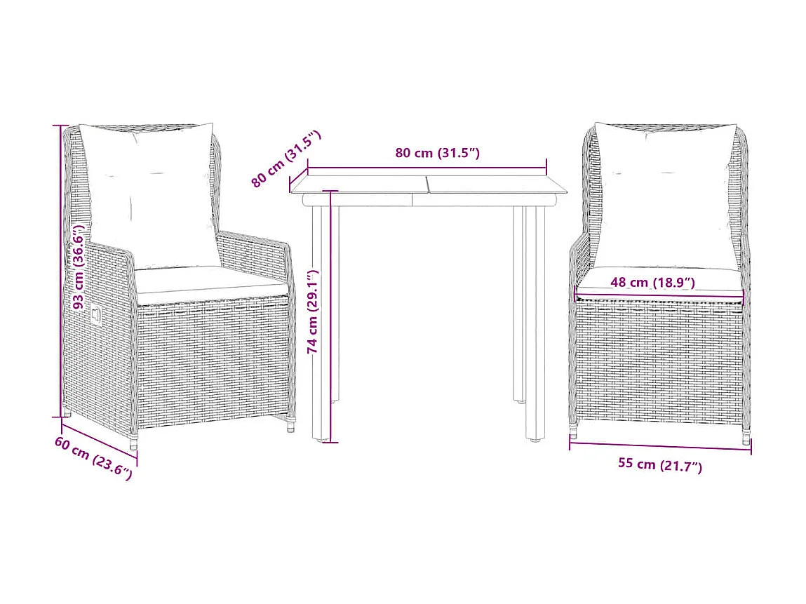 3 pcs conjunto de jantar p/ jardim c/ almofadões vime PE preto