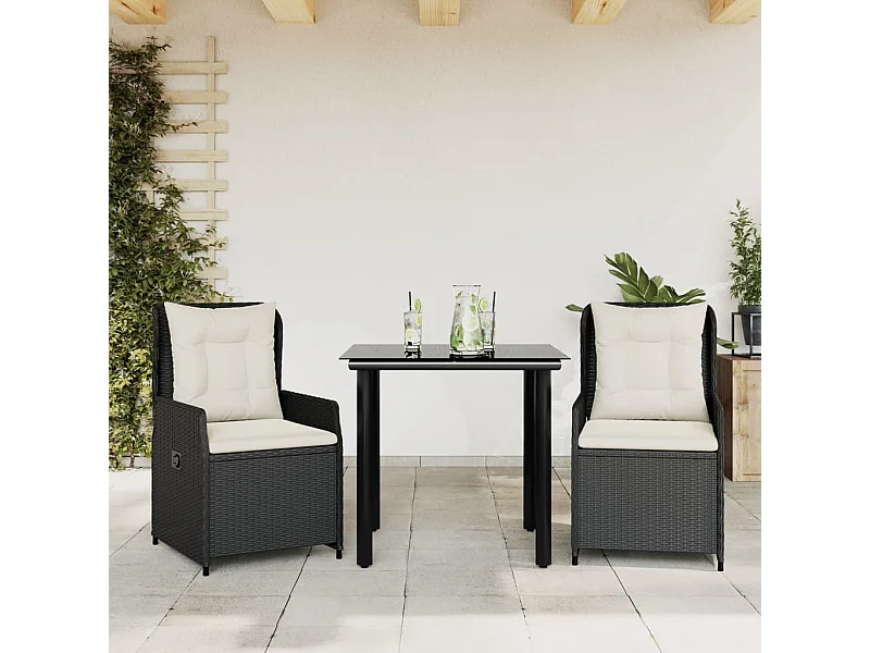 3-tlg. Garten-Essgruppe mit Kissen Schwarz Poly Rattan