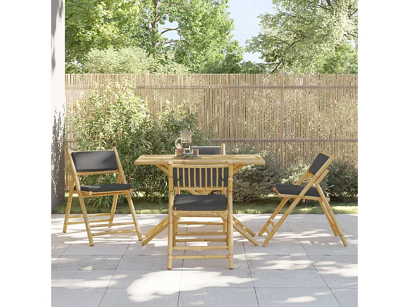 Ensemble de bistro pliante 5 pcs et coussins gris foncé bambou
