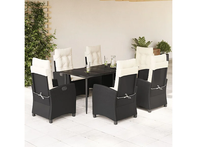 Set da Pranzo da Giardino 7 pz Nero con Cuscini in Polyrattan