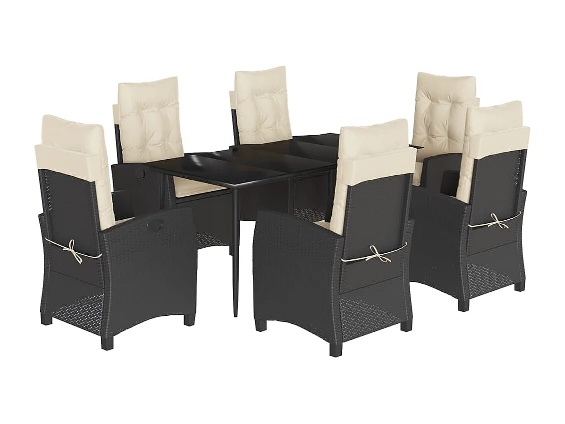 Set da Pranzo da Giardino 7 pz Nero con Cuscini in Polyrattan