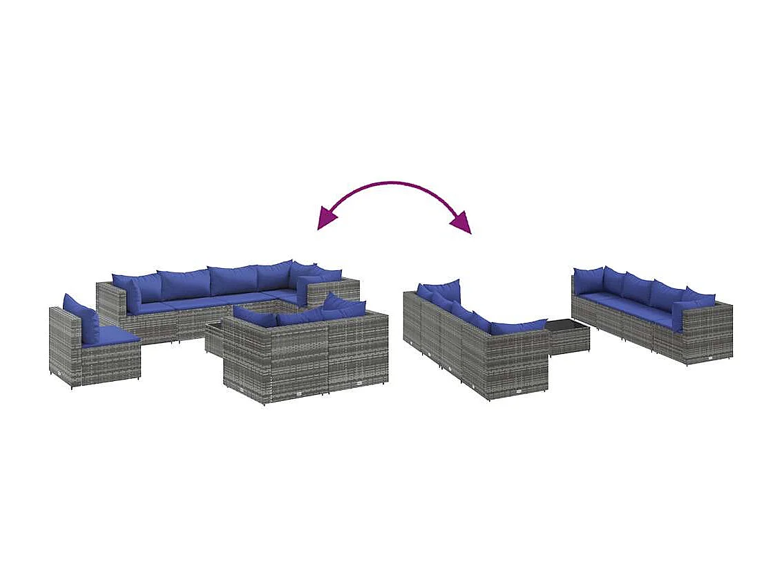 9-tlg. Garten-Lounge-Set mit Kissen Grau Poly Rattan