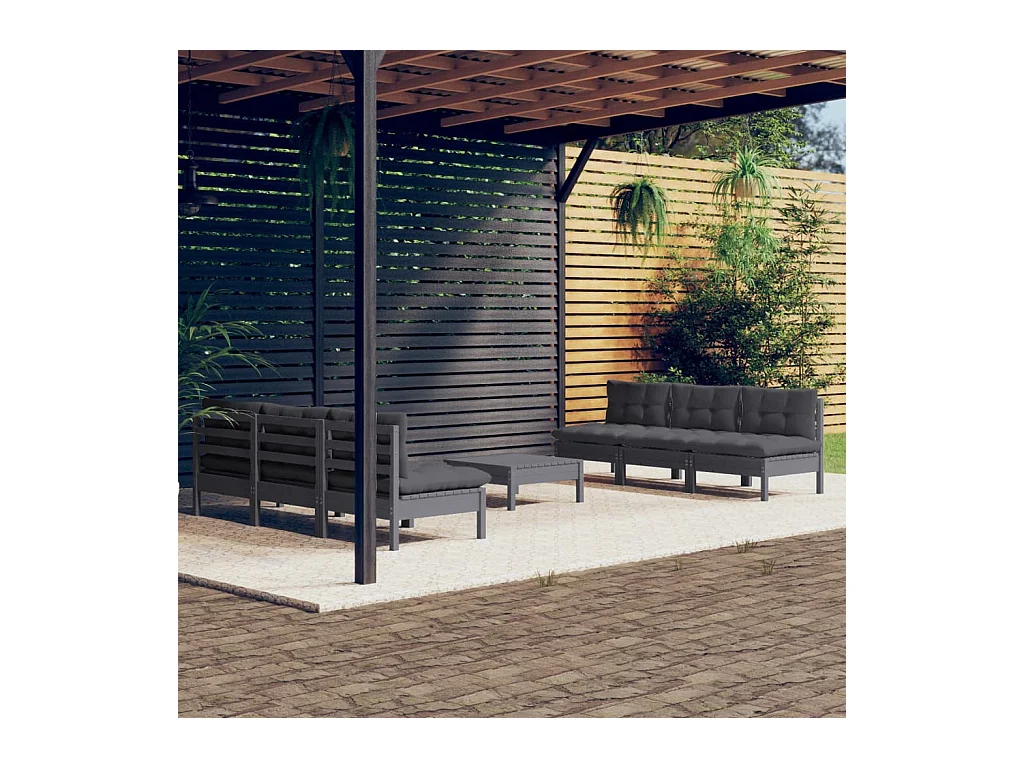 Salon de jardin 7 pcs avec coussins anthracite bois de pin