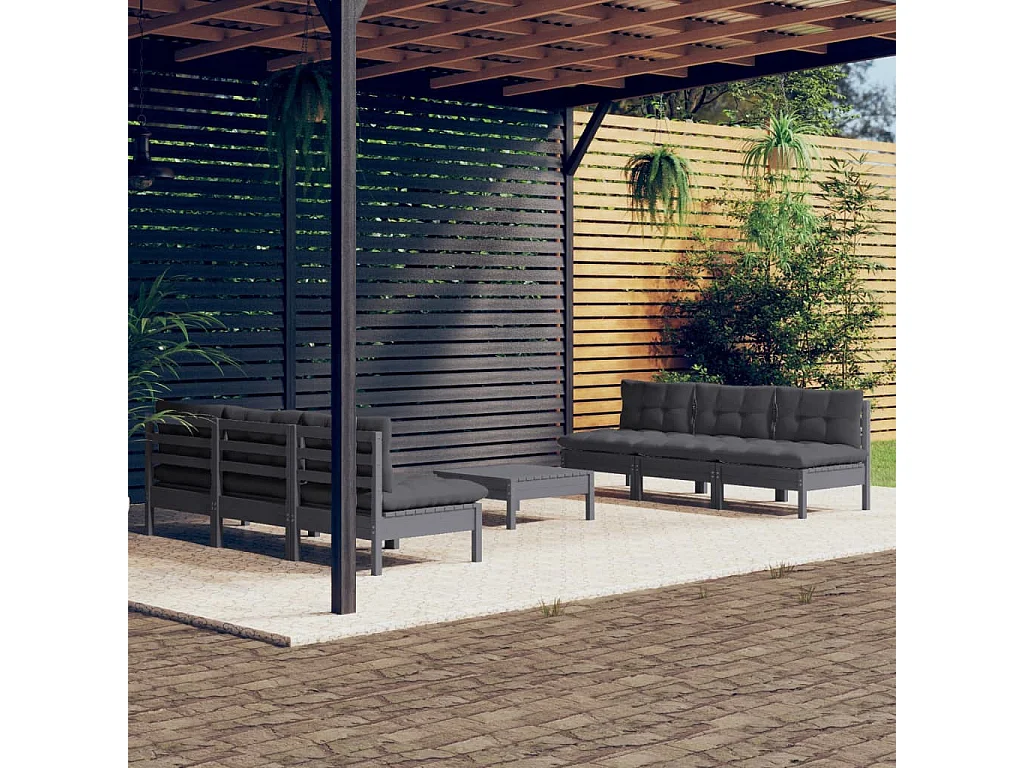 Set Divani da Giardino 7 pz con Cuscini Antracite Legno di Pino