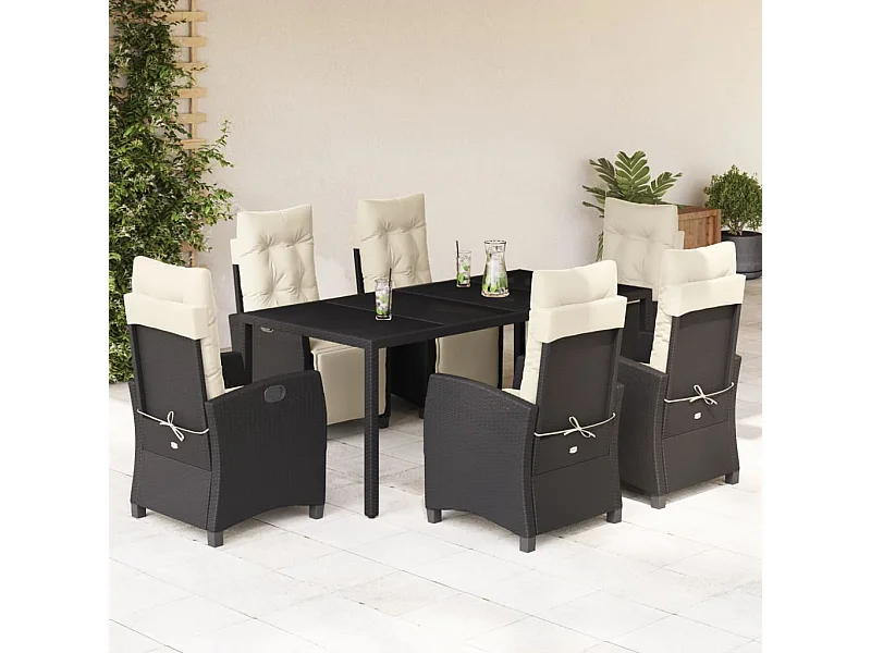7-tlg. Garten-Essgruppe mit Kissen Schwarz Poly Rattan