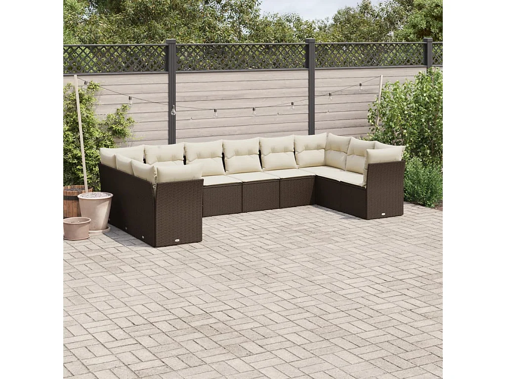 Salon de jardin 10 pcs avec coussins marron résine tressée