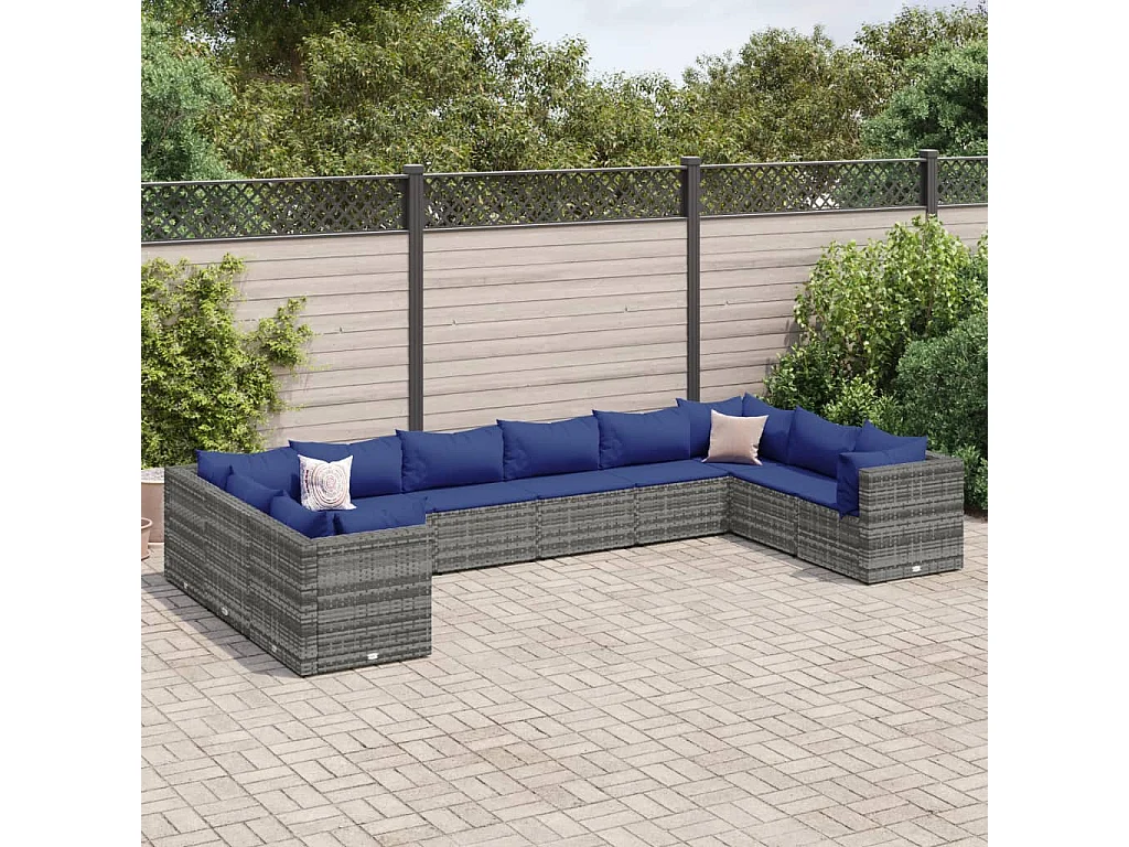 Salon de jardin 10 pcs avec coussins Gris Résine tressée