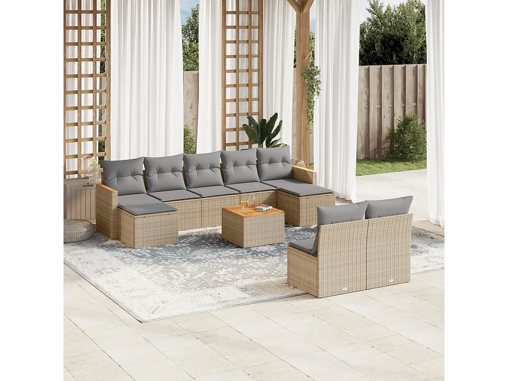 10-delige Loungeset met kussens poly rattan gemengd beige