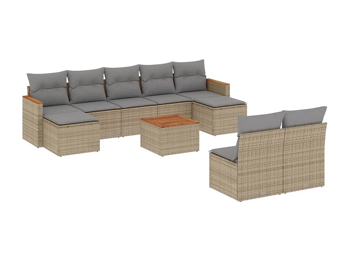 10-delige Loungeset met kussens poly rattan gemengd beige
