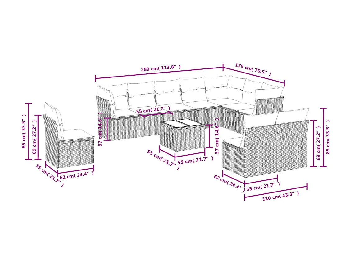 11 pcs conjunto sofás de jardim c/ almofadões vime PE bege
