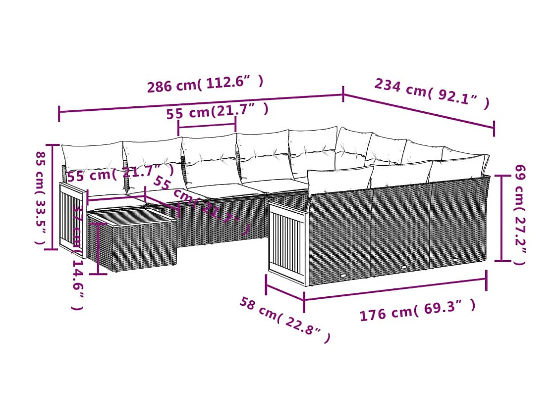Set de sofás de jardín 11pzas con cojines ratán sintético beige