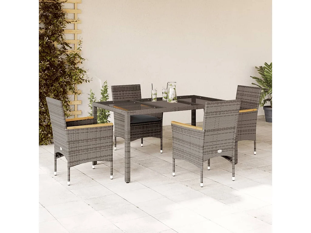 Ensemble à manger de jardin et coussins 5 pcs gris rotin verre
