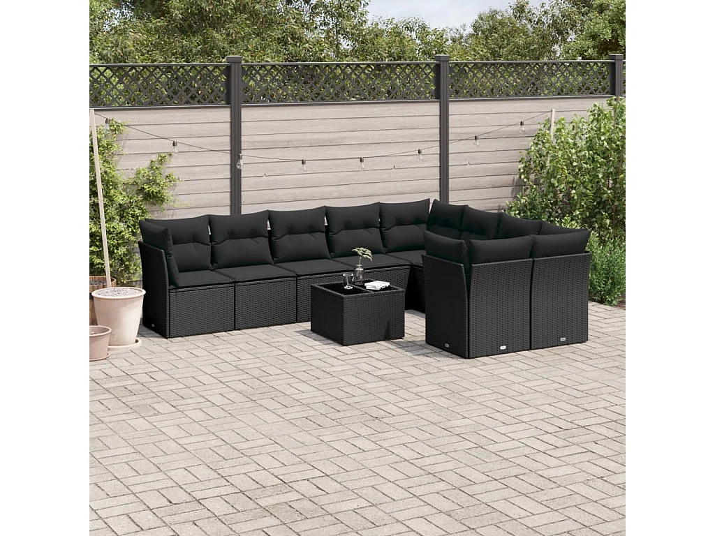 Set Divani da Giardino 10pz con Cuscini in Polyrattan Nero