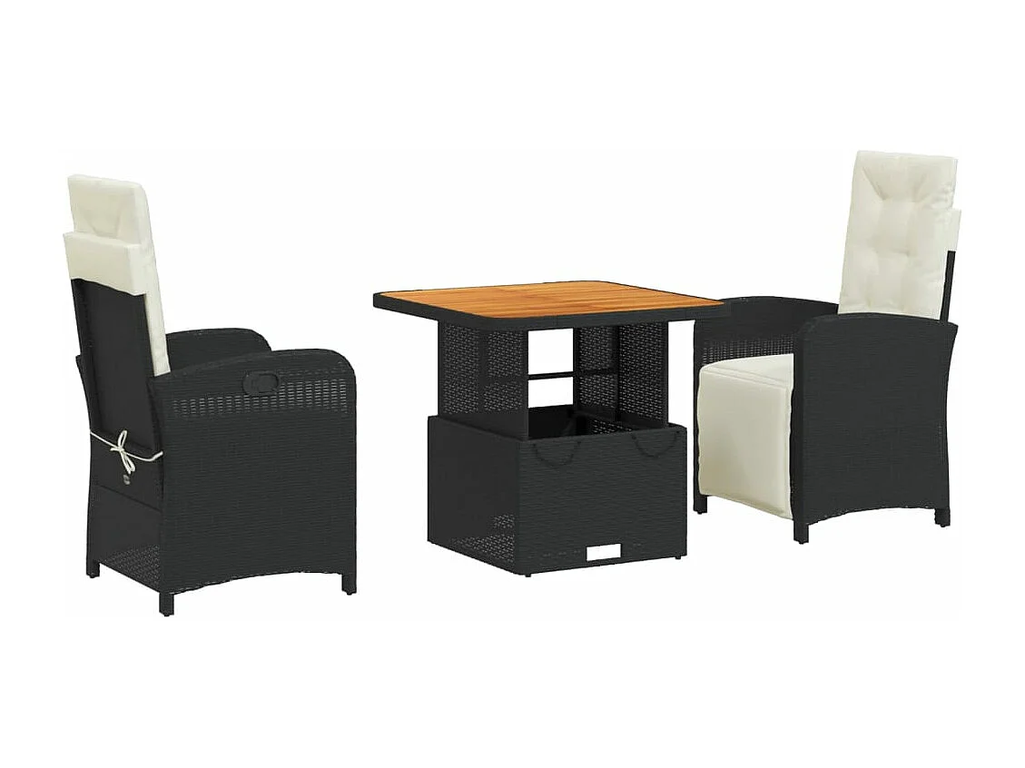 3 pcs conjunto de jantar p/ jardim c/ almofadões vime PE preto