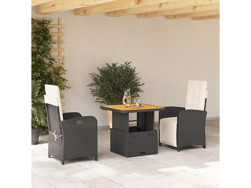 Set da Pranzo da Giardino 3 pz con Cuscini Nero in Polyrattan