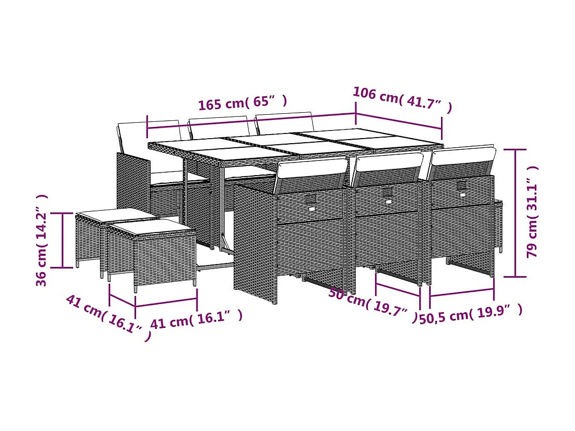 11 pcs conjunto jantar p/ jardim c/ almofadões vime PE cinzento