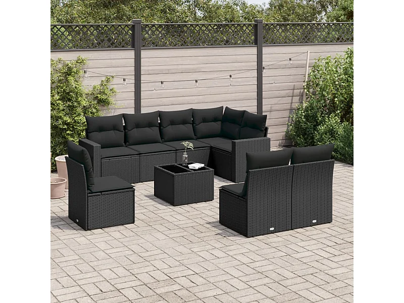 Set Divani da Giardino 9 pz con Cuscini Nero in Polyrattan