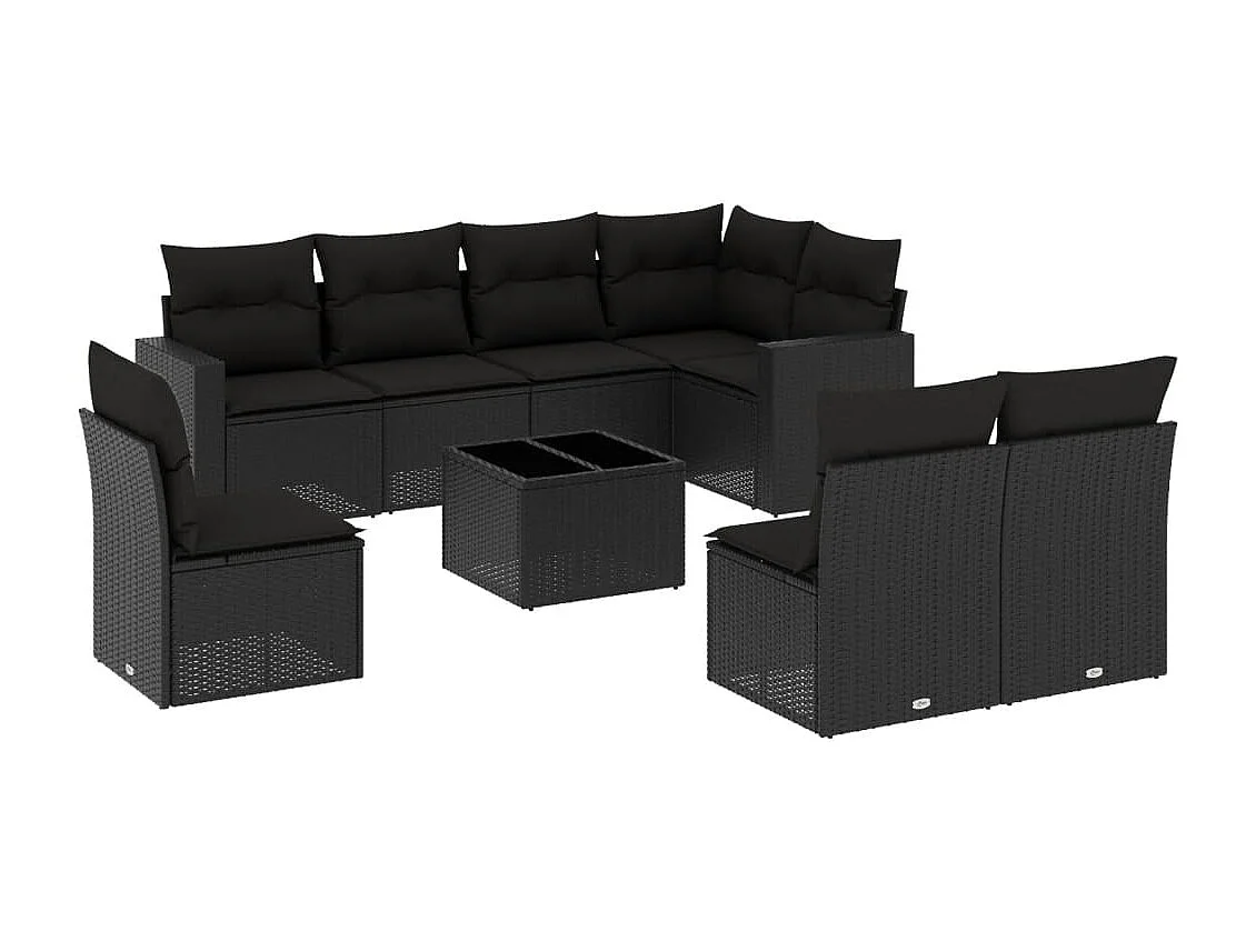 Set Divani da Giardino 9 pz con Cuscini Nero in Polyrattan