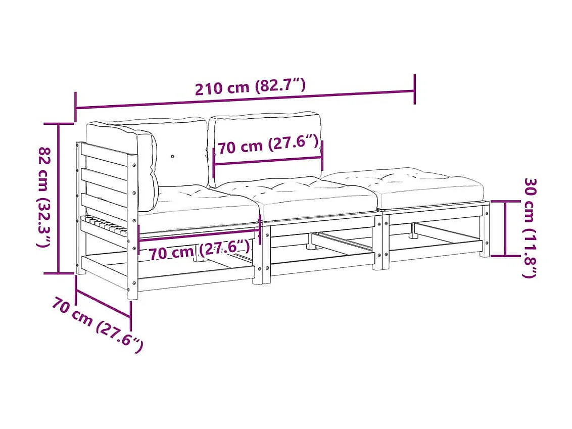 3 pcs conjunto sofás de jardim c/ almofadões pinho maciço