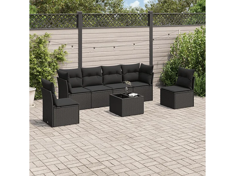 7-tlg. Garten-Sofagarnitur mit Kissen Schwarz Poly Rattan